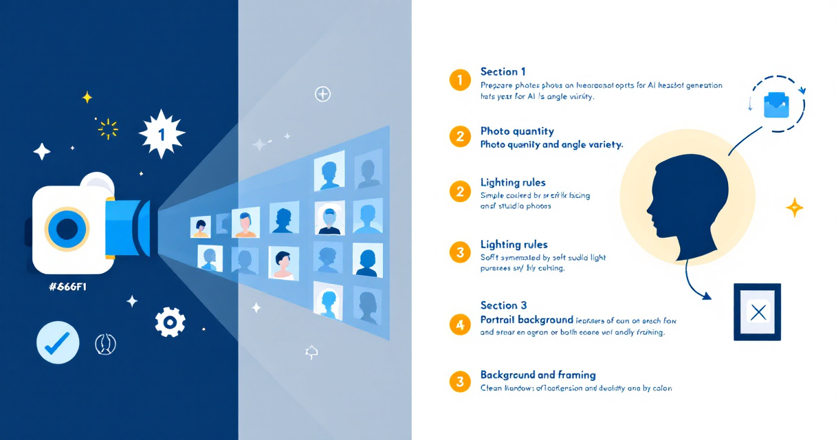 Infographic showing visual checklist for preparing source photos for AI headshots including angles, lighting, backgrounds, outfits, and common mistakes