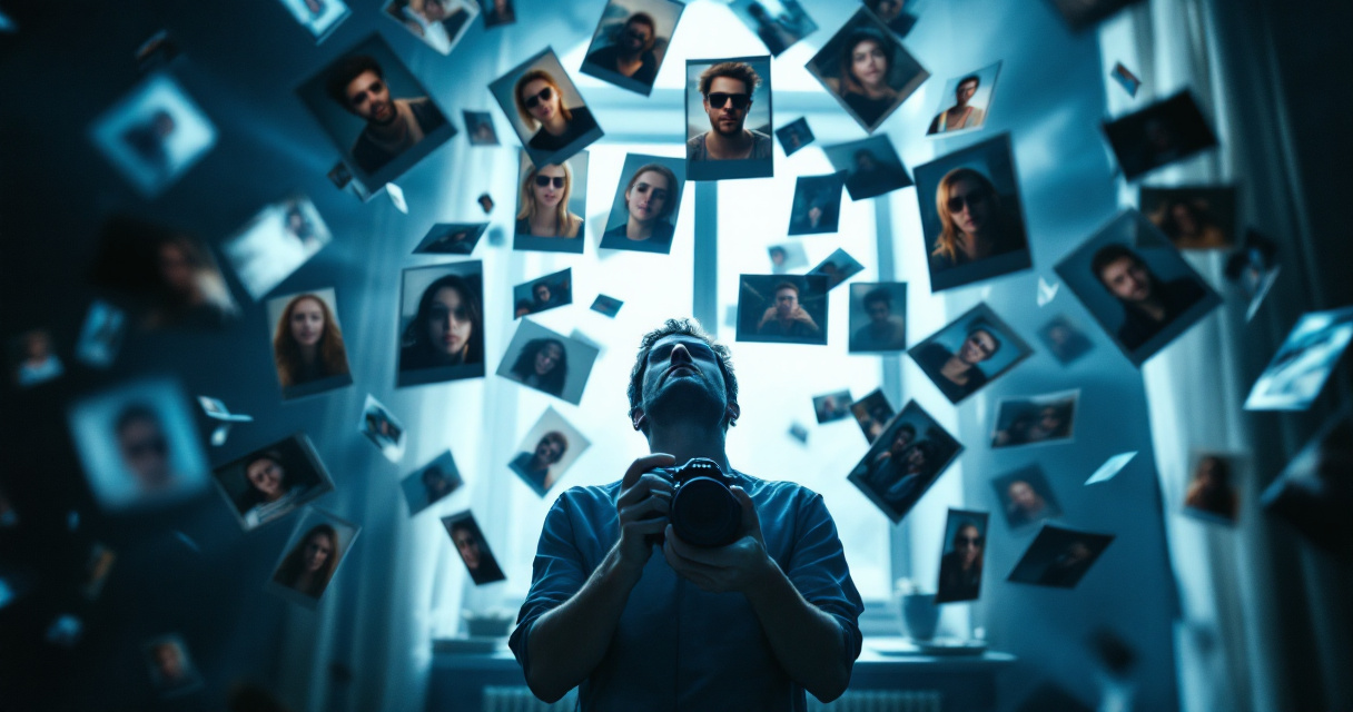 Visual collage of poor source photos with lighting issues, blur, sunglasses, and awkward angles