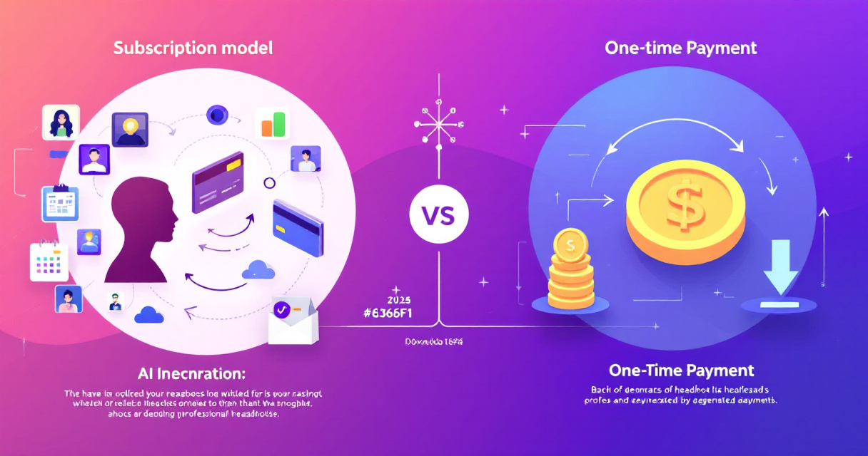 Modern infographic comparing AI headshot subscription and one-time payment models with visuals of AI generation, pricing loops vs single payment, quality warnings, and personal branding uses.