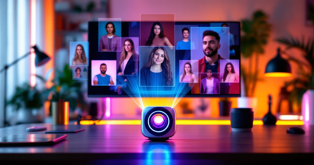 Conceptual visualization of single capture generating multiple AI professional headshots in modern studio environment