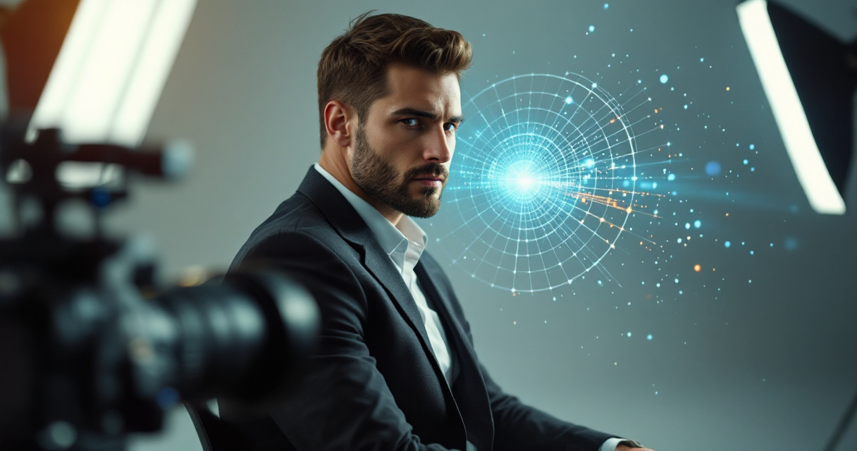 AI-enhanced professional headshot session with holographic light removing tattoo while preserving natural skin texture