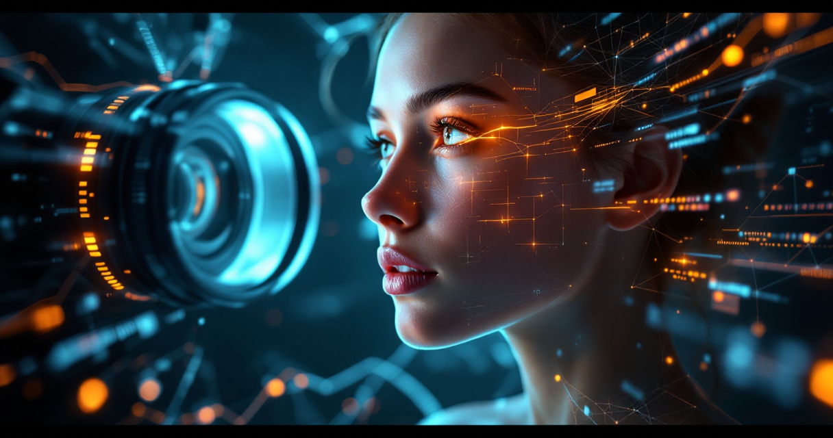 Futuristic AI system analyzing portrait layers and skin details for advanced photo editing