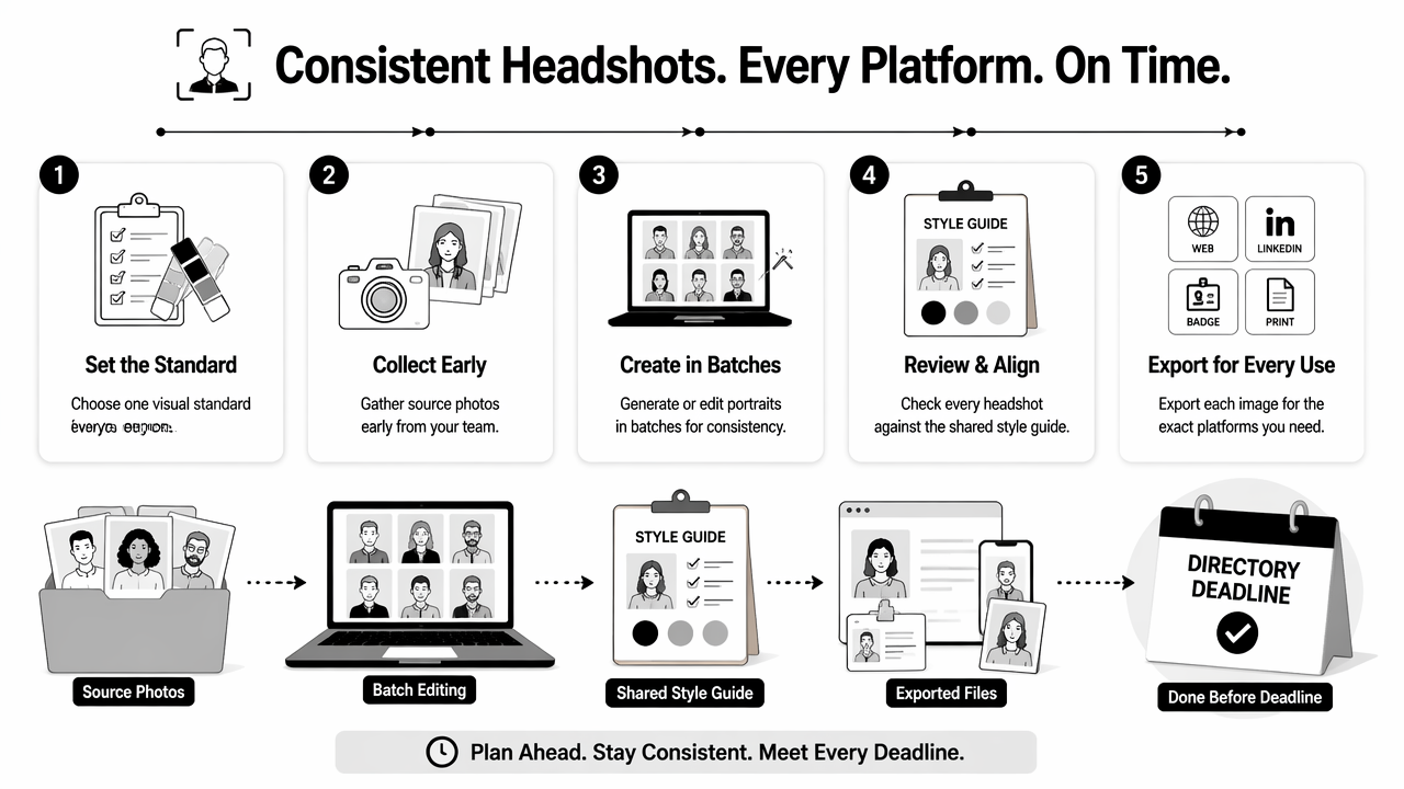 Illustration for How should exhibitor teams create consistent headshots before a show?