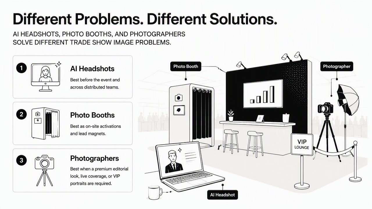Illustration for AI headshots vs photo booths vs photographers for trade shows