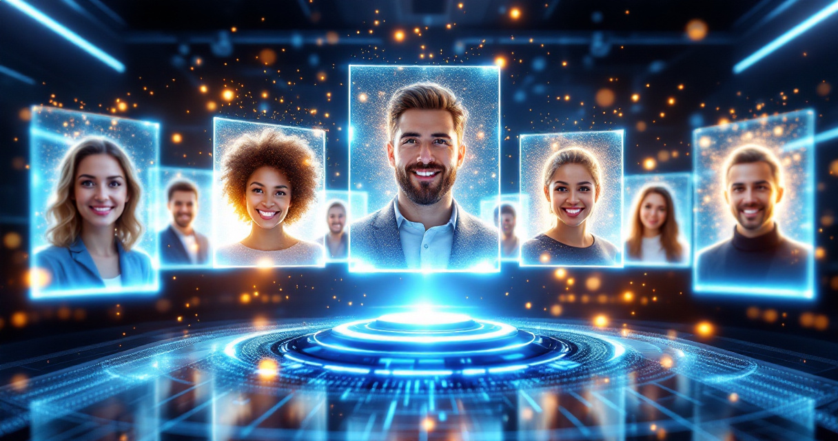 Futuristic AI system generating multiple professional headshots simultaneously with glowing data streams and purple lighting