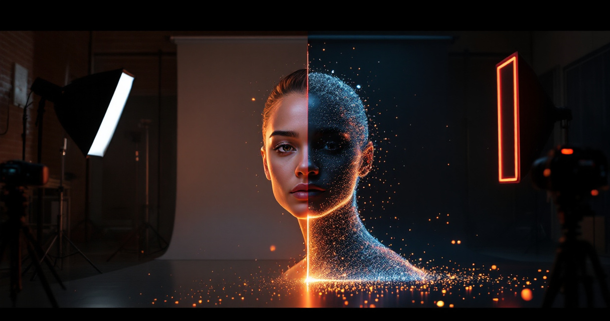 Contrast between traditional photo studio setup and instant AI-generated professional headshot creation