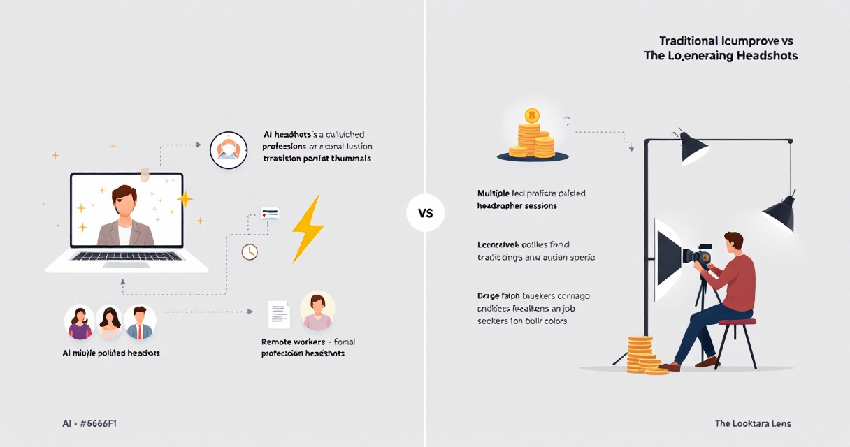 Infographic comparing AI headshots and traditional photographer sessions using icons for cost, speed, studio equipment, and online profiles.