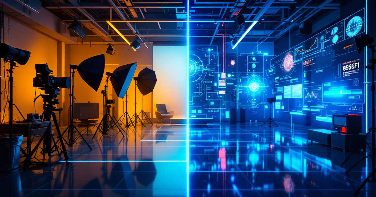 Split comparison of traditional photography studio equipment versus futuristic AI headshot technology with indigo digital interfaces