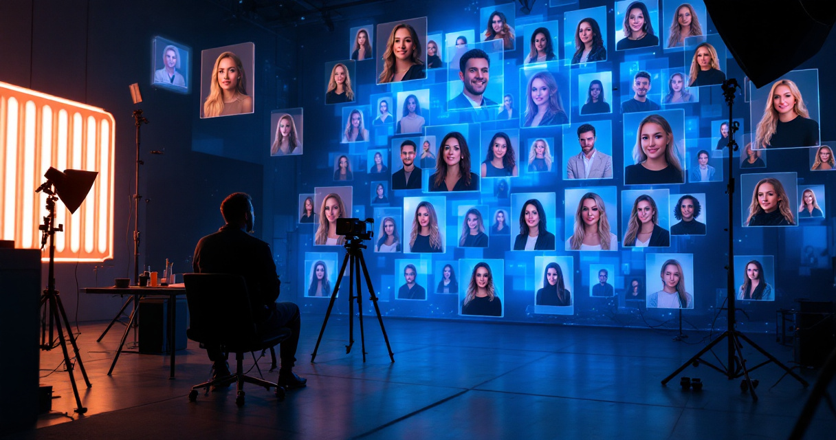 Futuristic AI system generating many professional headshots beside idle traditional photography studio equipment