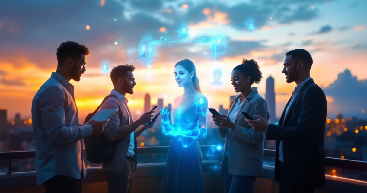 Diverse professionals seeing AI-generated portrait avatars appear beside them in glowing indigo light