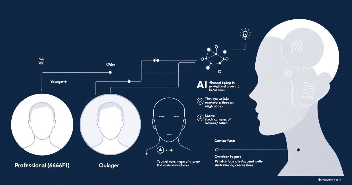 Infographic showing how AI headshot technology adds realistic wrinkles, skin texture, and age progression using machine learning and facial mapping.