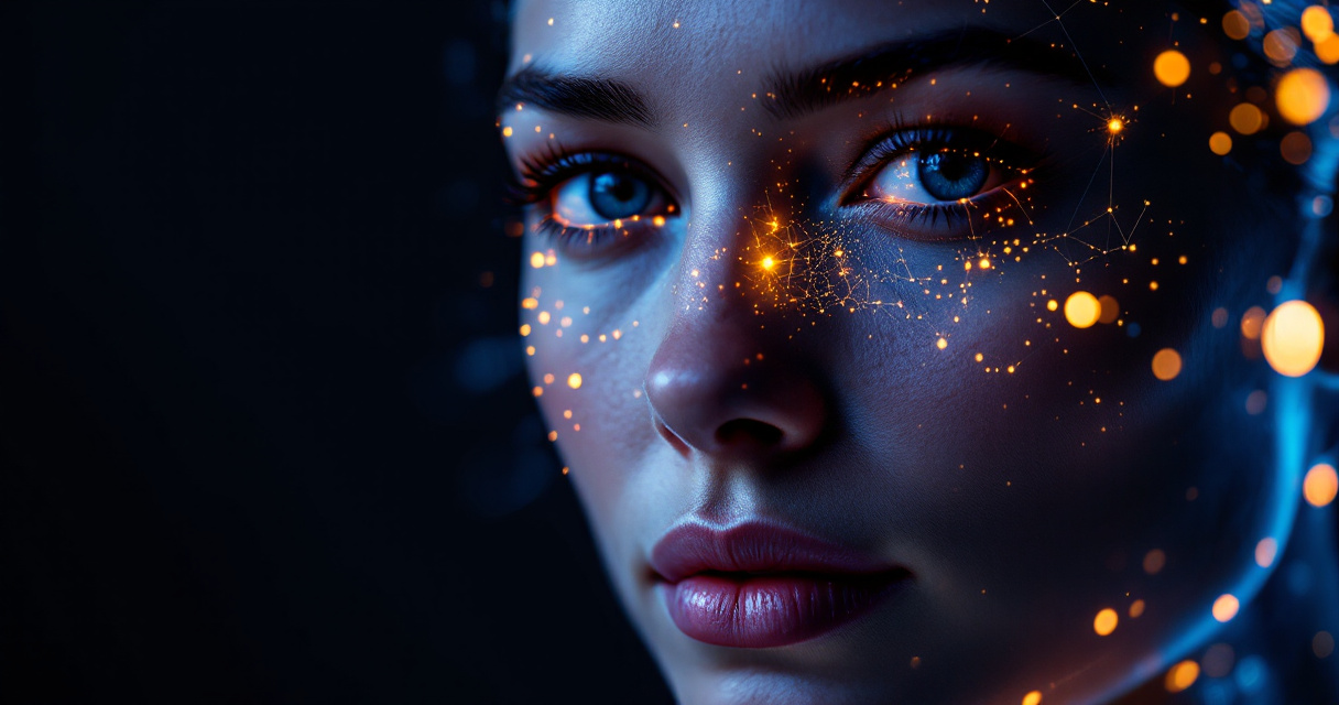 Cinematic close-up of face with highlighted wrinkle zones and glowing analysis lines