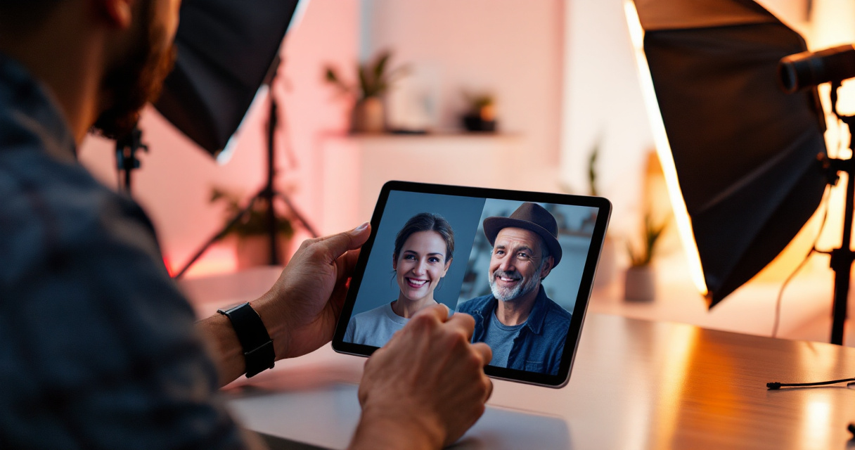 Professional studio using tablet AI portrait aging preview beside camera and lighting equipment