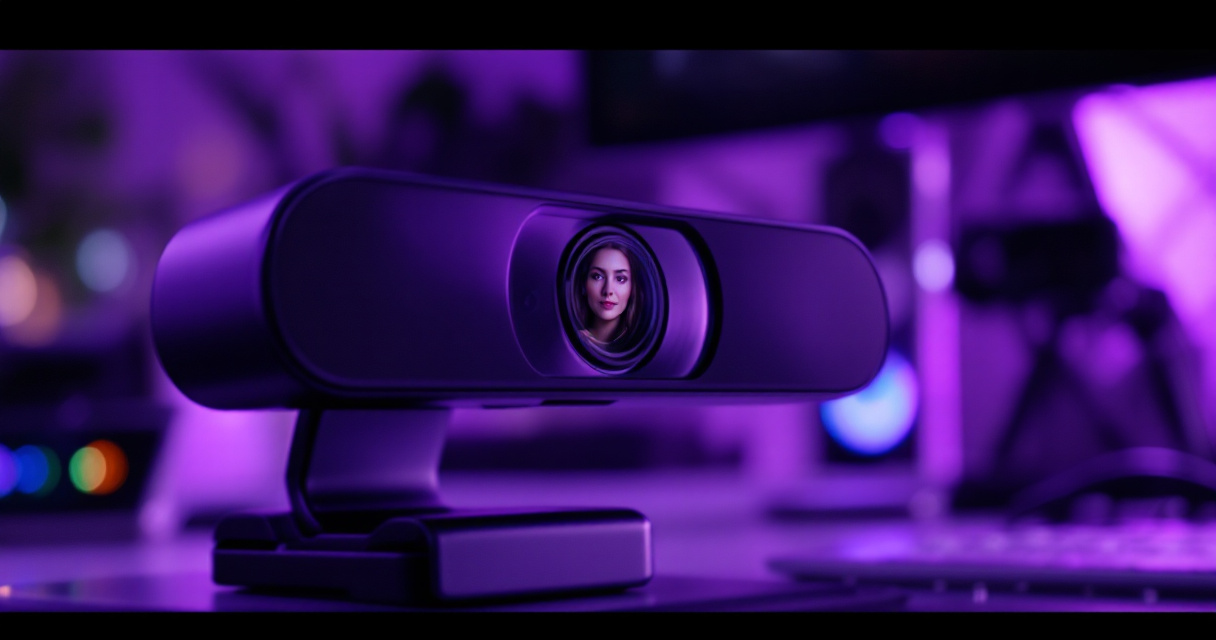 AI webcam technology capturing professional headshot with violet ambient lighting for video meetings