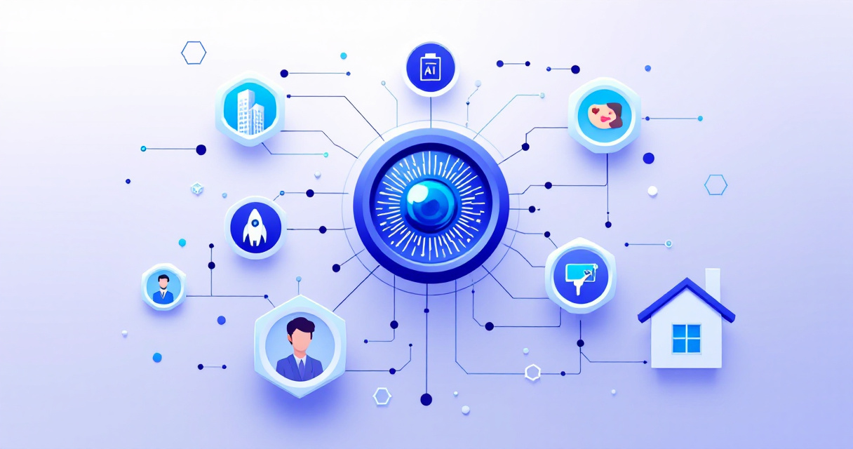 Infographic showing AI headshot customization across five industries with hub-and-spoke design connecting corporate, healthcare, creative, tech, and real estate sectors