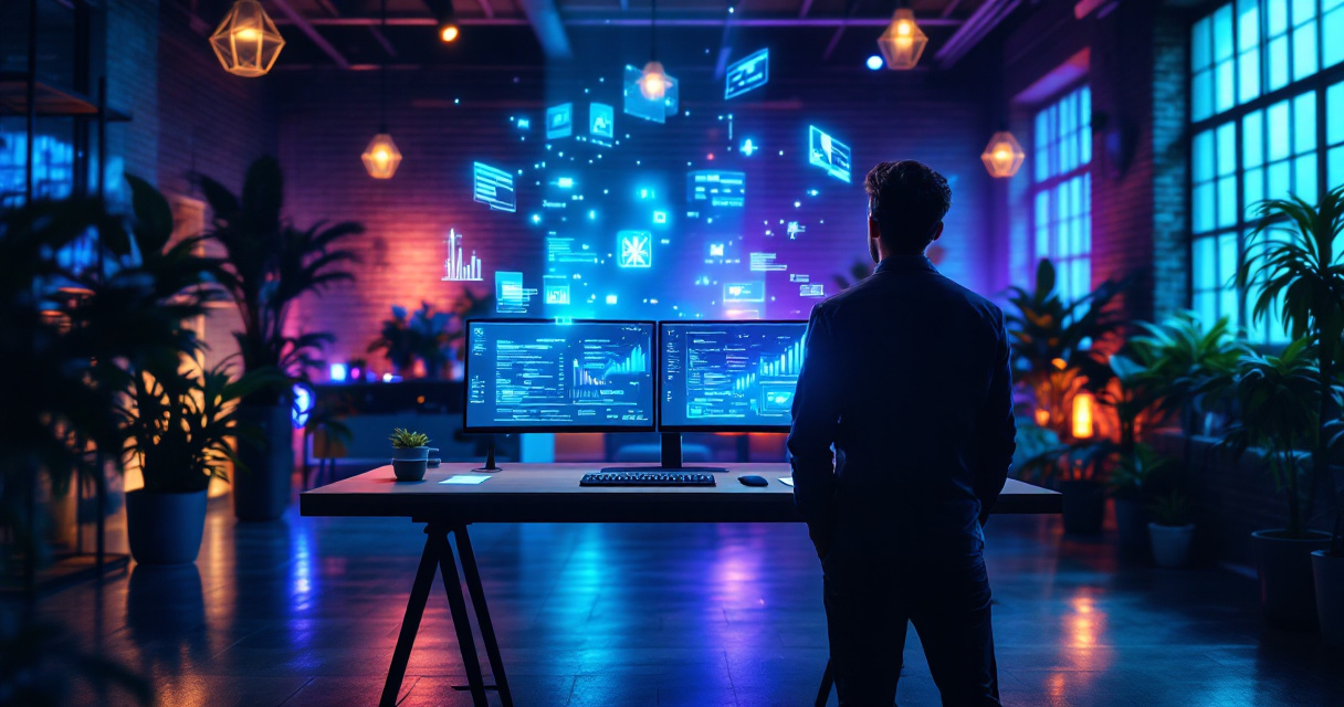 Modern tech startup workspace with holographic displays and casual professional environment representing technology sector headshot aesthetics