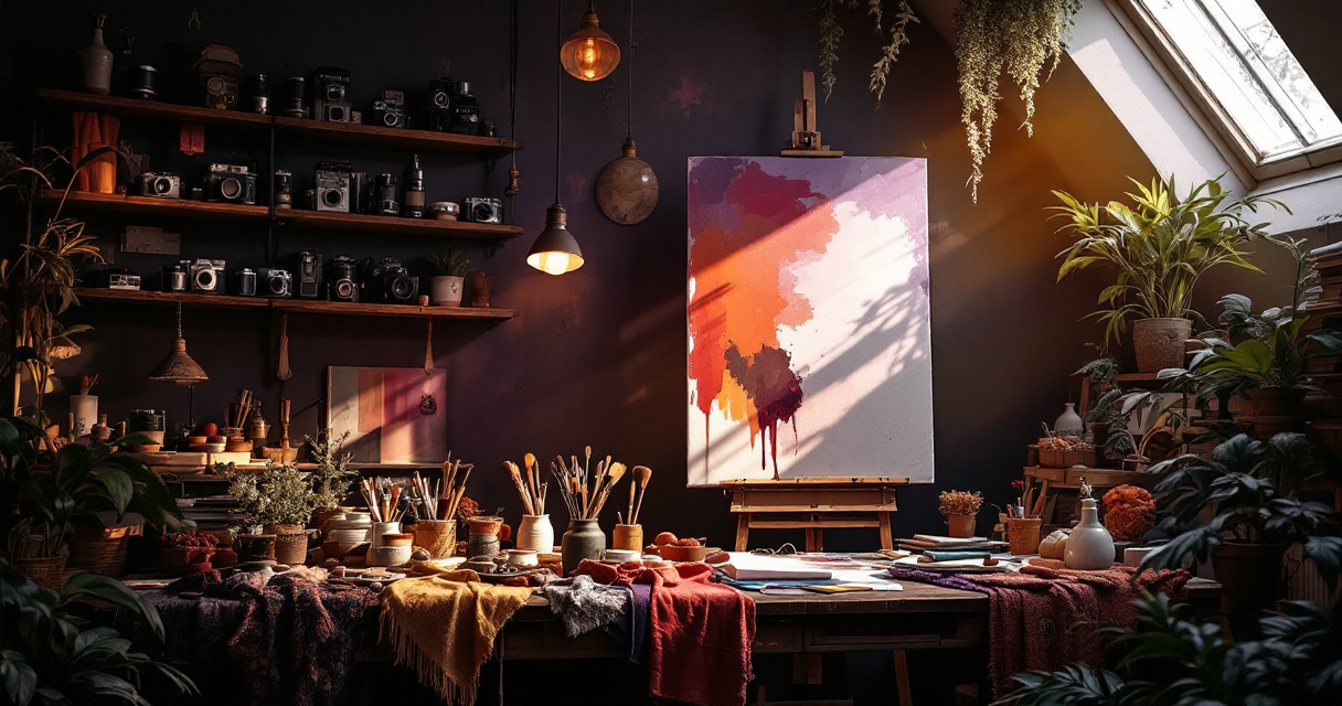 Creative artistic studio environment with vintage cameras and art supplies representing creative industry professional photography aesthetics