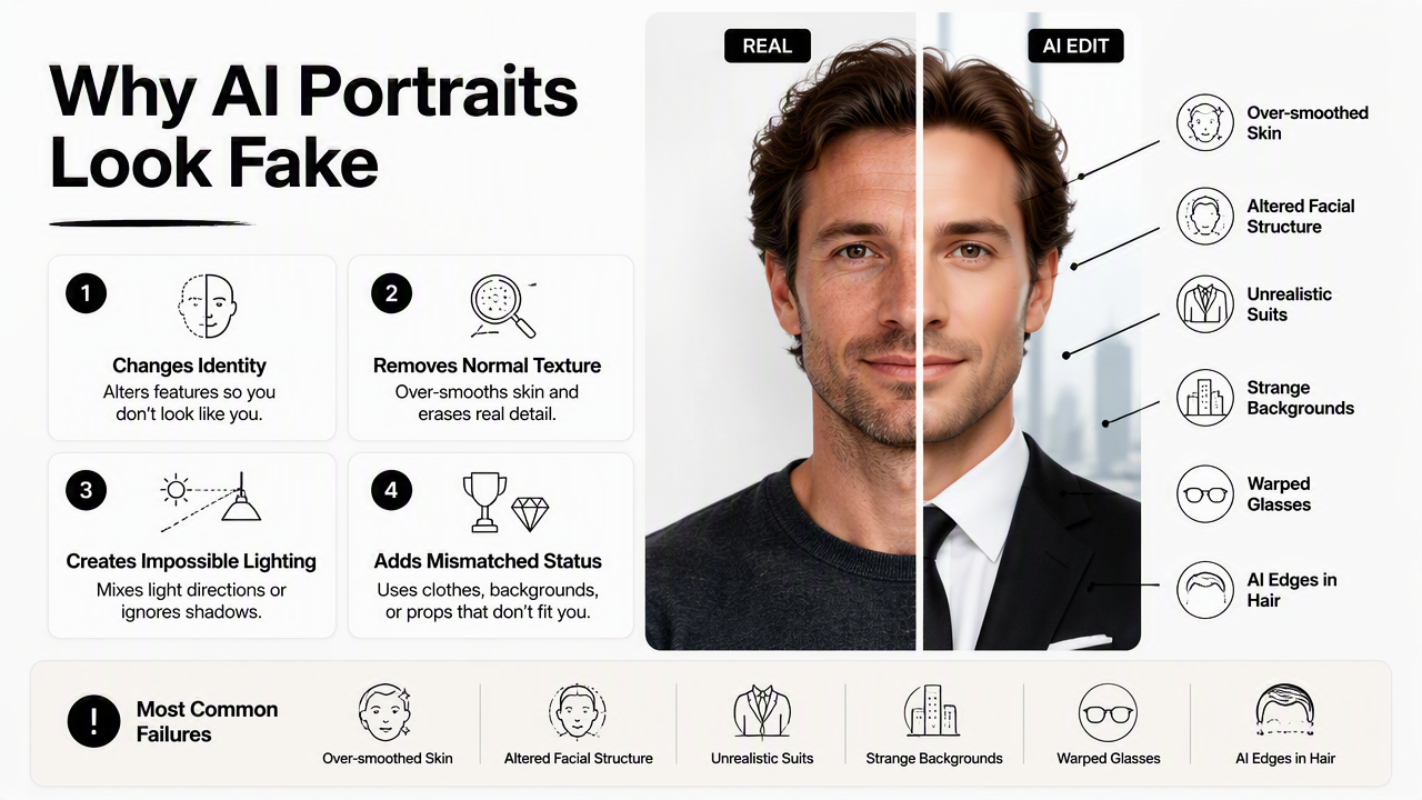 Illustration for What mistakes make AI portraits look fake?