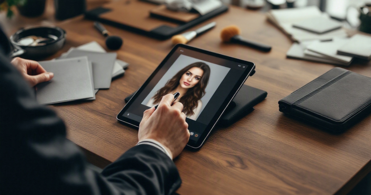 Professional headshot editing setup with styling tools and subtle lighting refinements