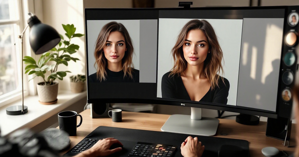 Looktara-style workspace comparing a casual selfie with a refined professional headshot