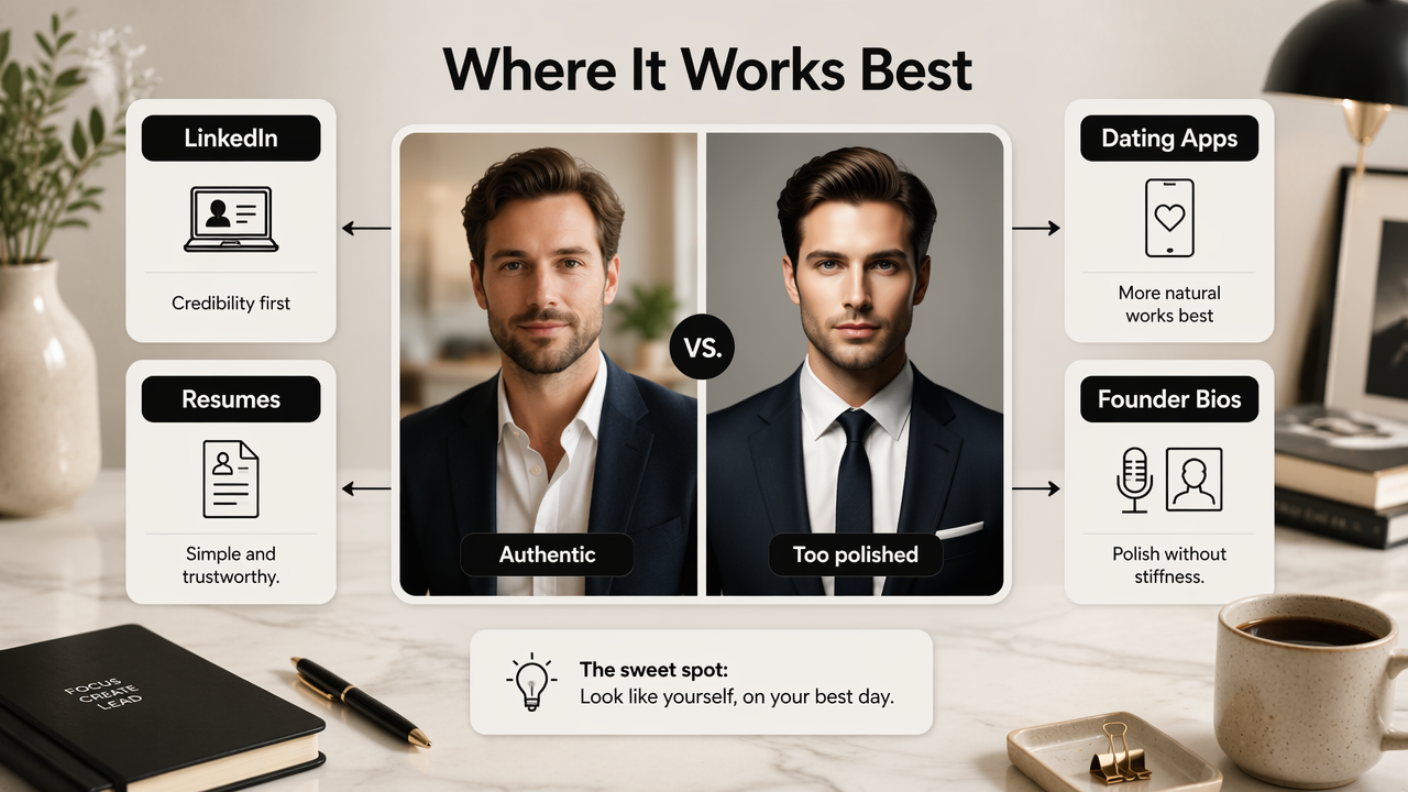 Infographic comparing which profile image style fits LinkedIn, resumes, dating apps, and founder bios.