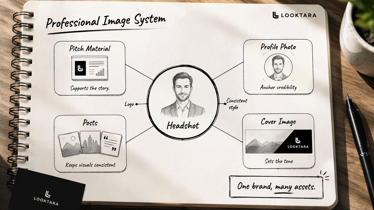 Annotated brand system diagram showing how a headshot fits with profile photos, posts, cover images, and pitch materials.