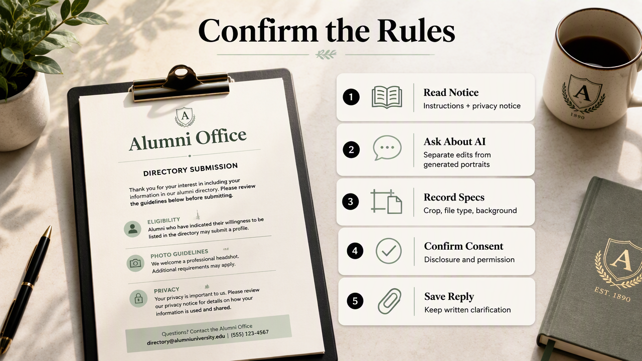 Alumni directory photo approval checklist covering privacy, AI portrait rules, image specifications, consent, and written clarification.