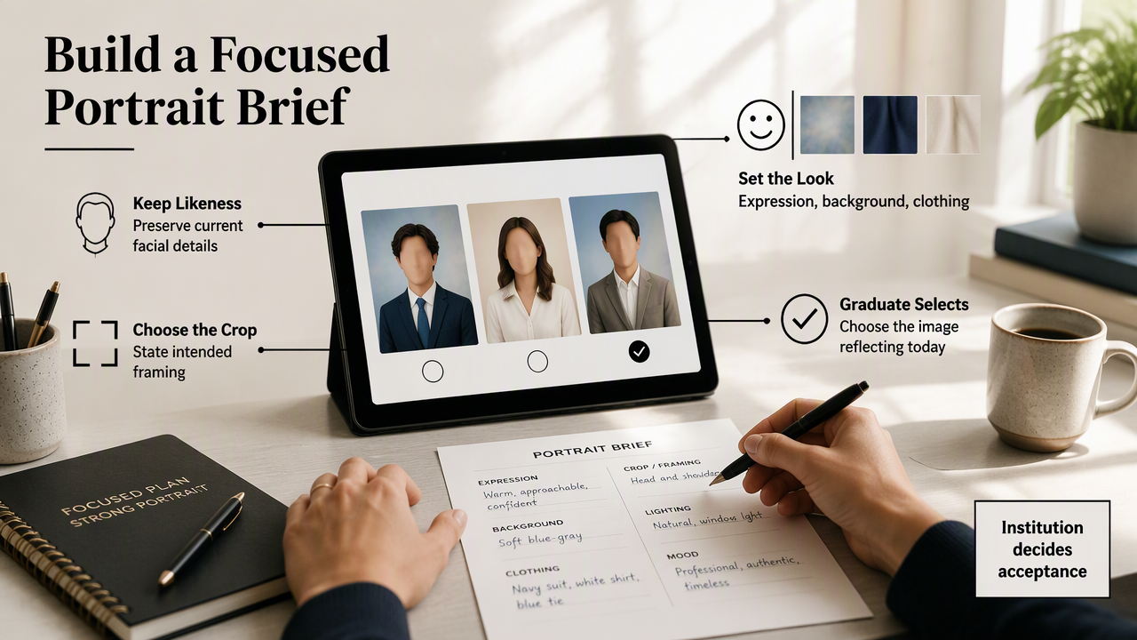 Annotated AI alumni portrait workflow showing likeness, styling, framing, graduate selection, and institutional approval.
