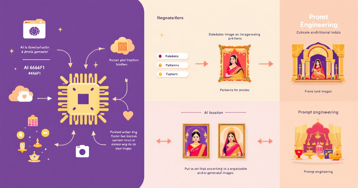Infographic showing how an AI generator creates Bengali traditional portraits and wedding images using prompts, with workflow diagrams and cultural icons.