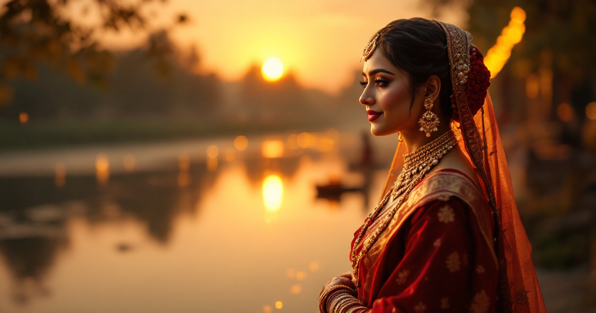 AI-generated Bengali traditional wedding portrait scene with saree, jewelry, and cinematic cultural atmosphere