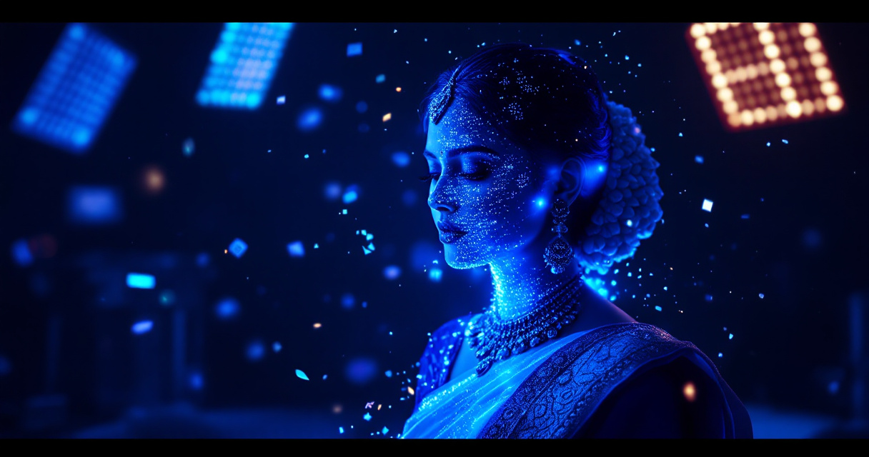 Partially generated Bengali traditional portrait dissolving into digital fragments representing AI image limitations