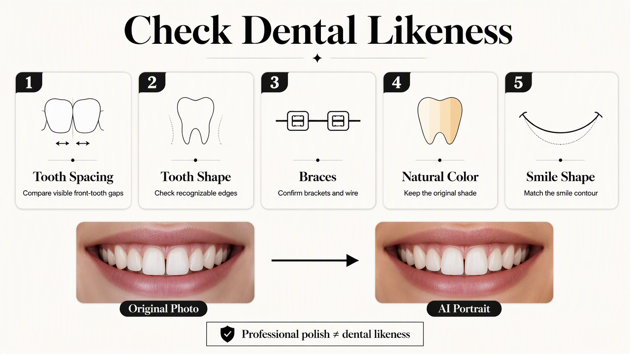 Infographic compares tooth spacing, shape, braces, color, and smile contour between an original photo and AI portrait.