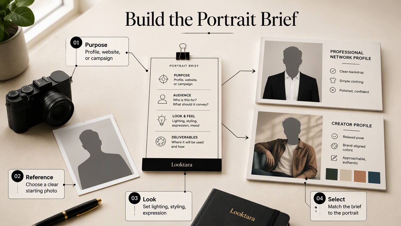 A reference-led portrait workflow connects a clear image brief to LinkedIn and creator profile choices.