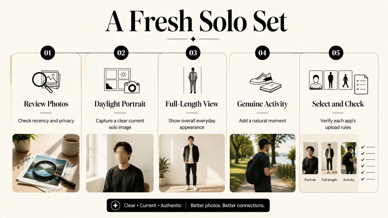 Five-step visual plan for replacing couple photos with current solo dating profile pictures.