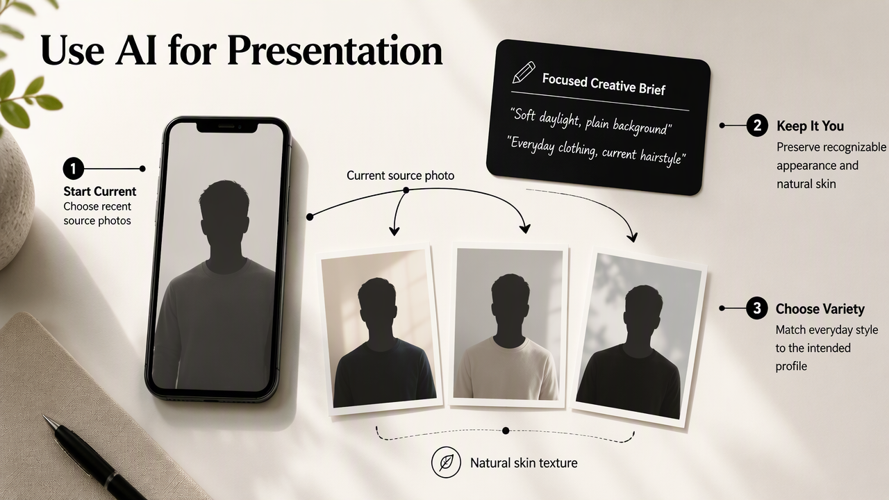 Looktara workflow showing a current photo, focused creative brief, and authentic AI dating image variations.
