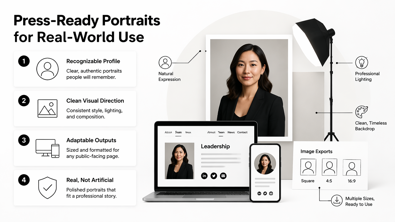 Illustration for How Looktara handles press-ready portrait outputs