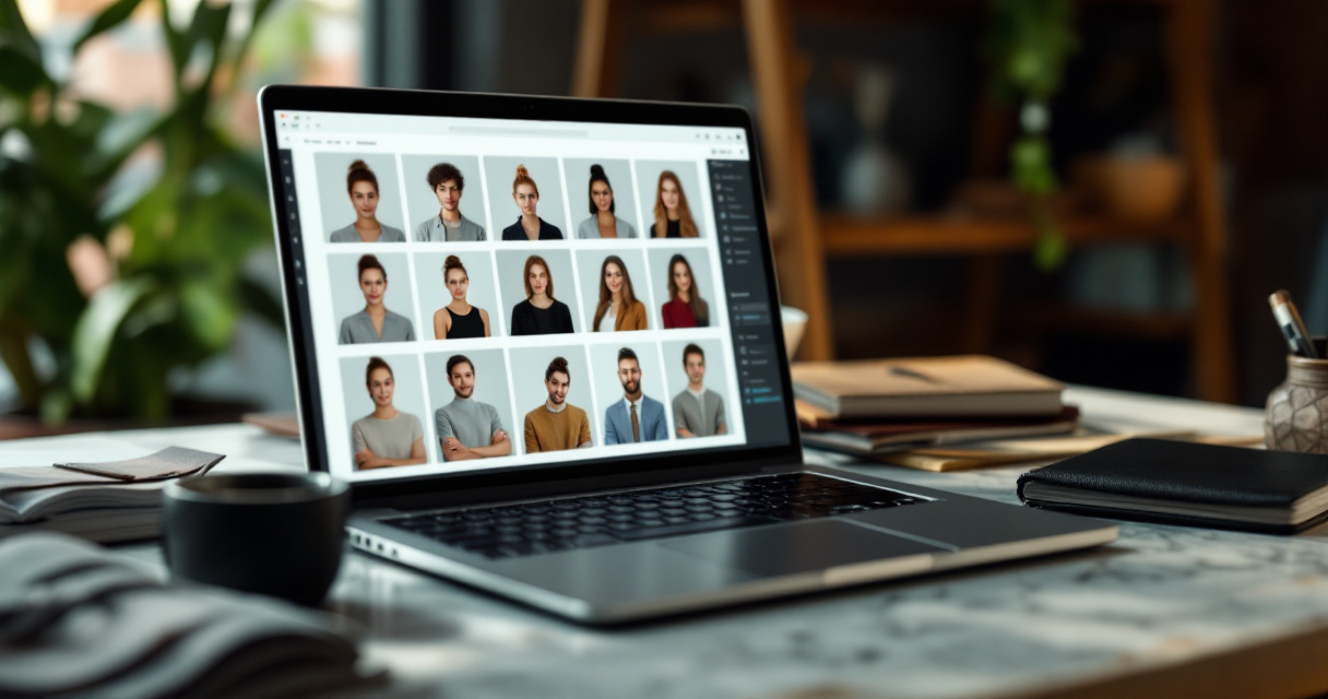 Looktara-style workstation reviewing realistic AI-generated professional profile photo variations