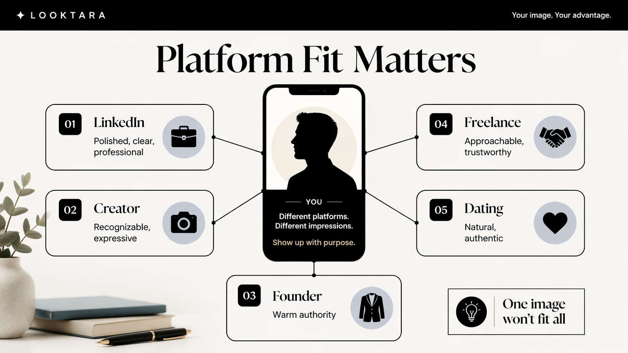 Infographic comparing the best profile picture style for LinkedIn, creators, founders, freelance, and dating apps.