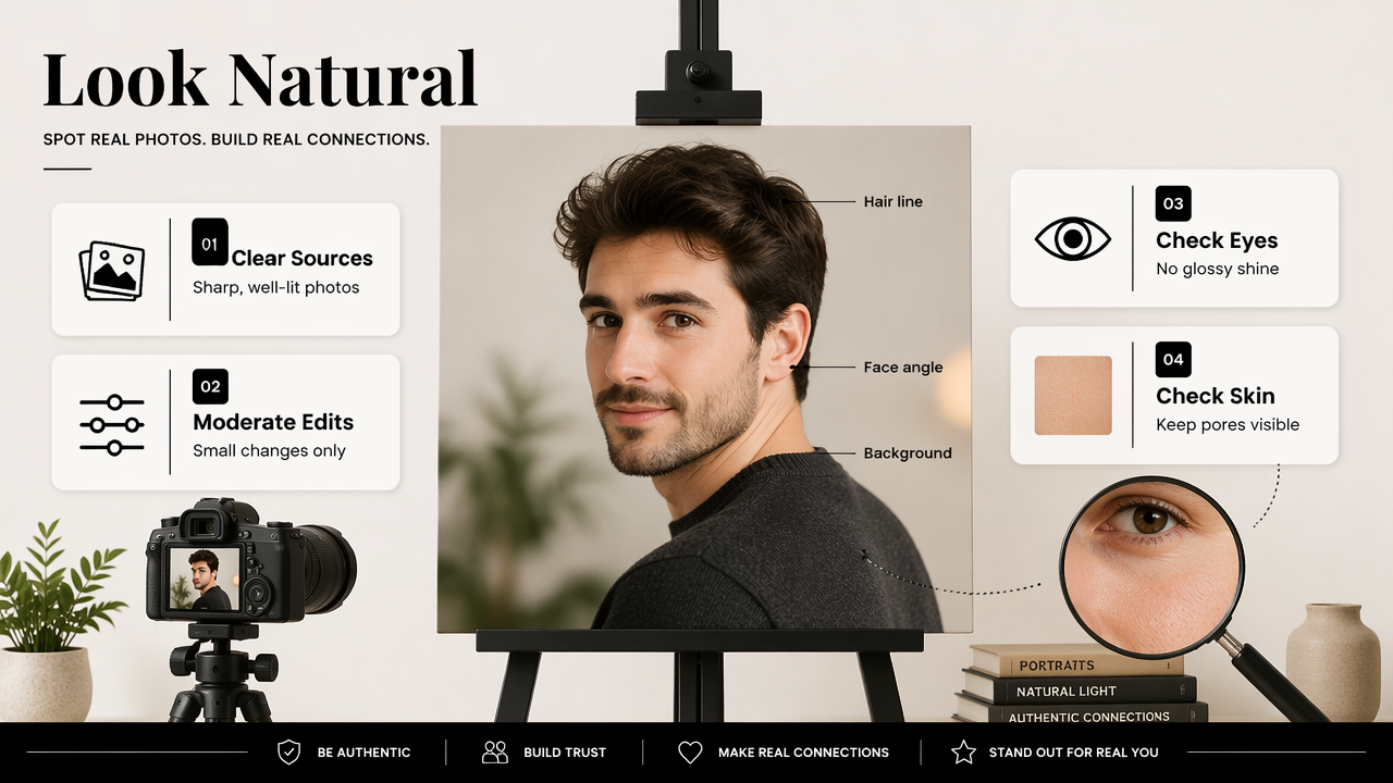 Annotated diagram showing how to avoid uncanny AI profile pictures with clear source photos and realistic details.