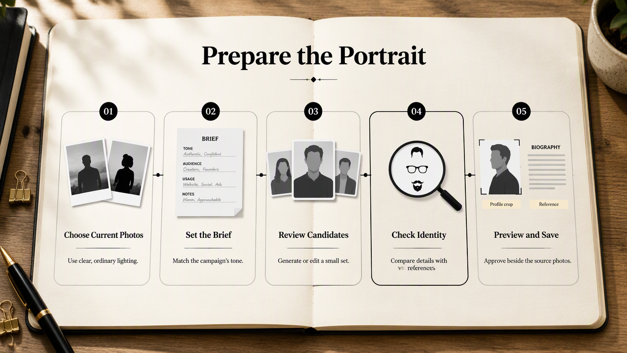 Five-step diagram for preparing an AI-assisted Kickstarter creator portrait using current photos, identity checks, and profile crop preview.