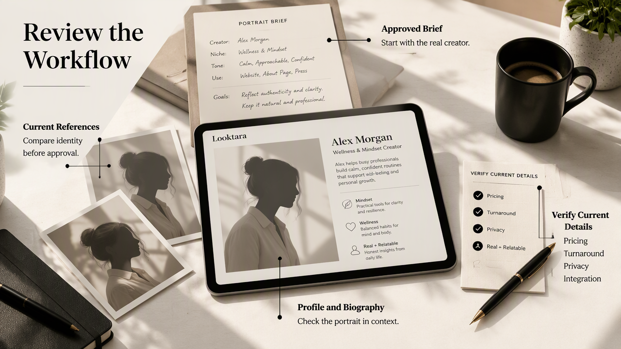 Annotated desk scene showing Looktara portrait review, current reference photos, profile preview, and service details to verify.