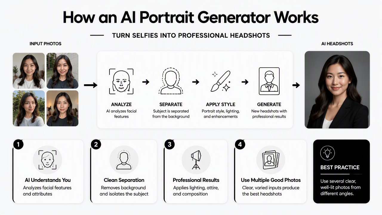 Illustration for How does an AI portrait generator turn selfies into headshots?