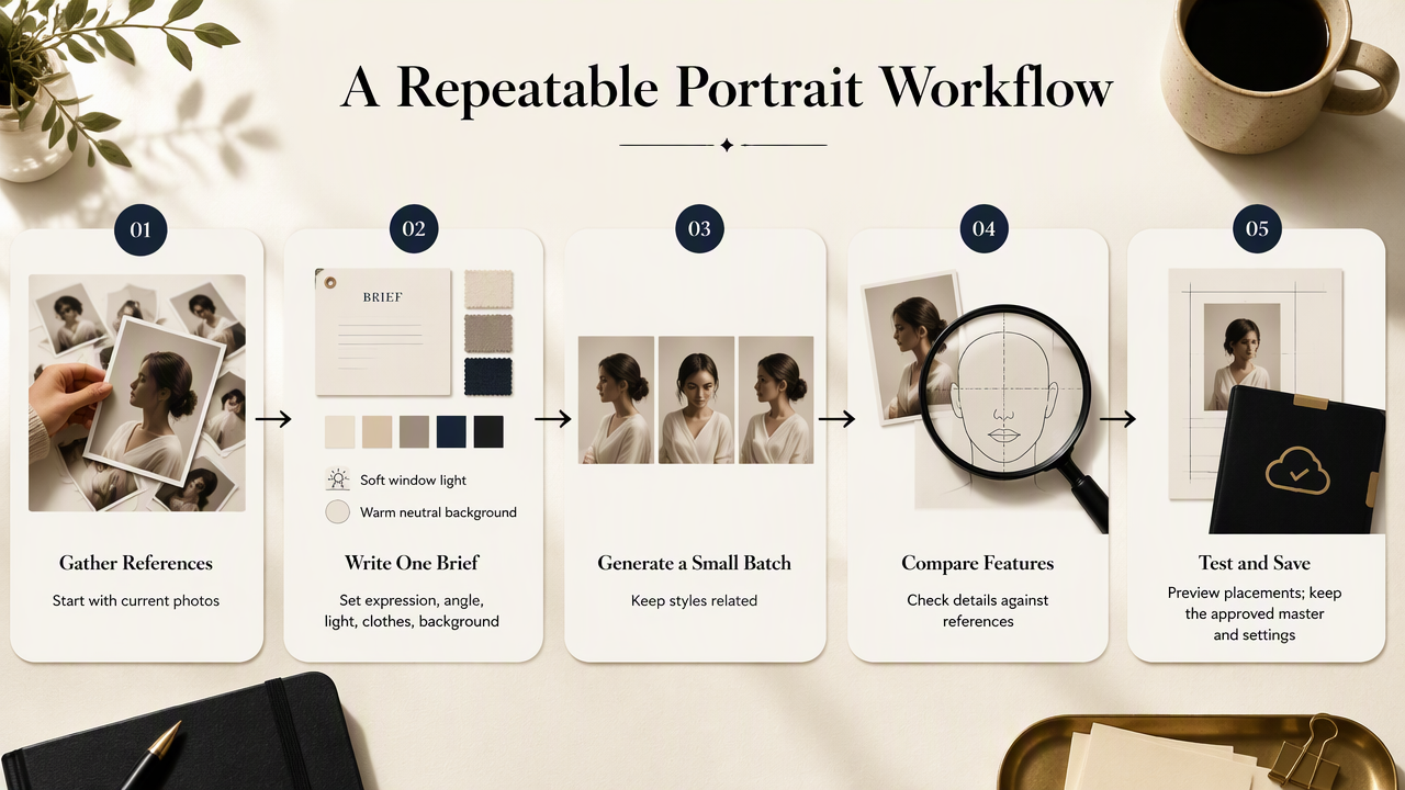 Five-step Patreon creator portrait workflow from reference photos and visual brief to testing and saving an approved master.