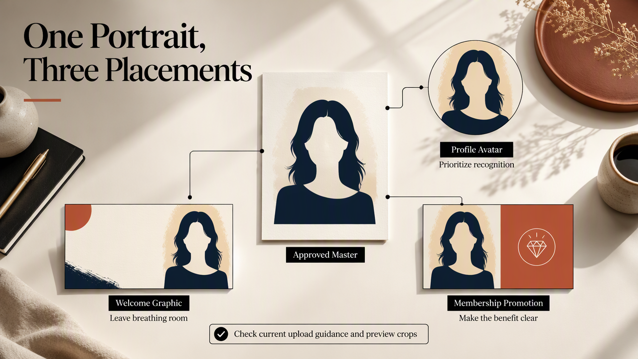 Annotated Patreon avatar, welcome graphic, and membership promotion showing distinct portrait crops and composition priorities.