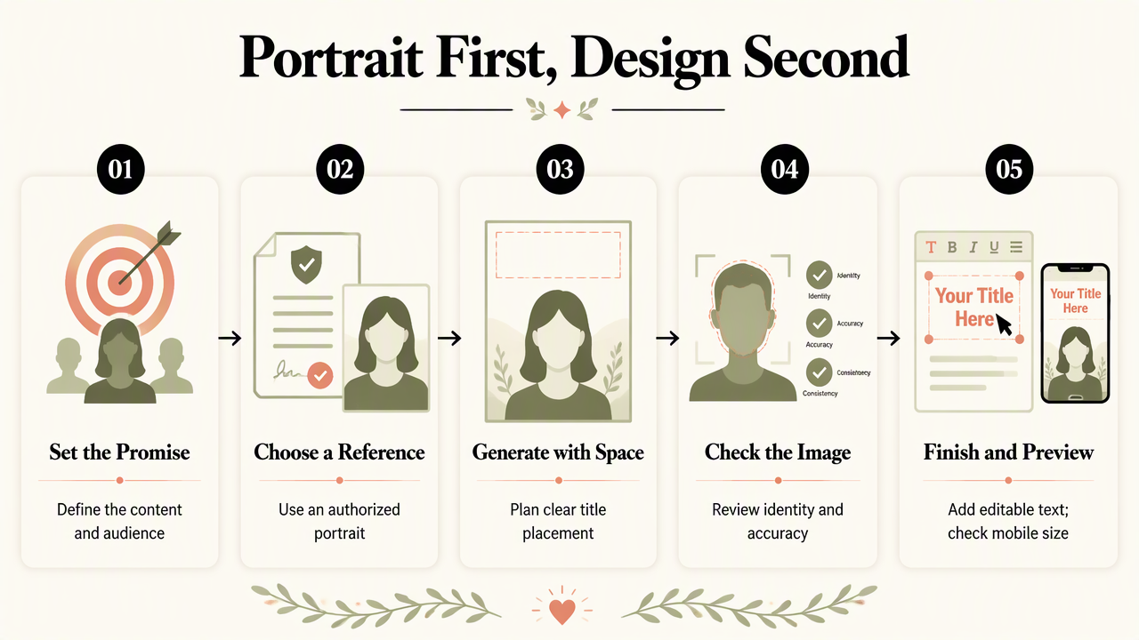 Five-step diagram for generating a creator portrait, adding editable Pinterest cover text, and checking the finished pin on mobile.