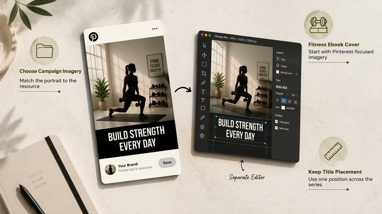Annotated fitness campaign pin showing portrait imagery, a separate editing canvas, and consistent title placement across a Pinterest series.