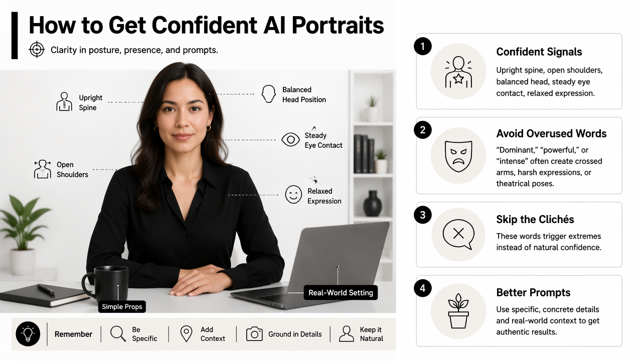 Illustration for Which posture details signal confidence in AI portraits?