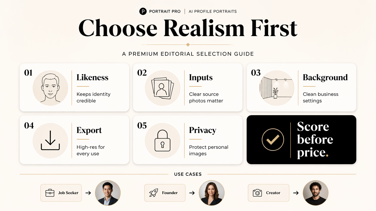 Infographic comparing the key criteria for choosing a realistic AI portrait generator.