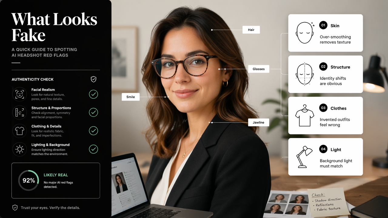 Annotated portrait showing the most common reasons AI headshots look unrealistic.