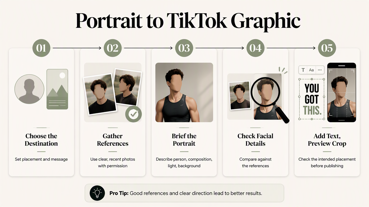 Five-step creator workflow from permitted reference photos to a checked, cropped TikTok portrait graphic.